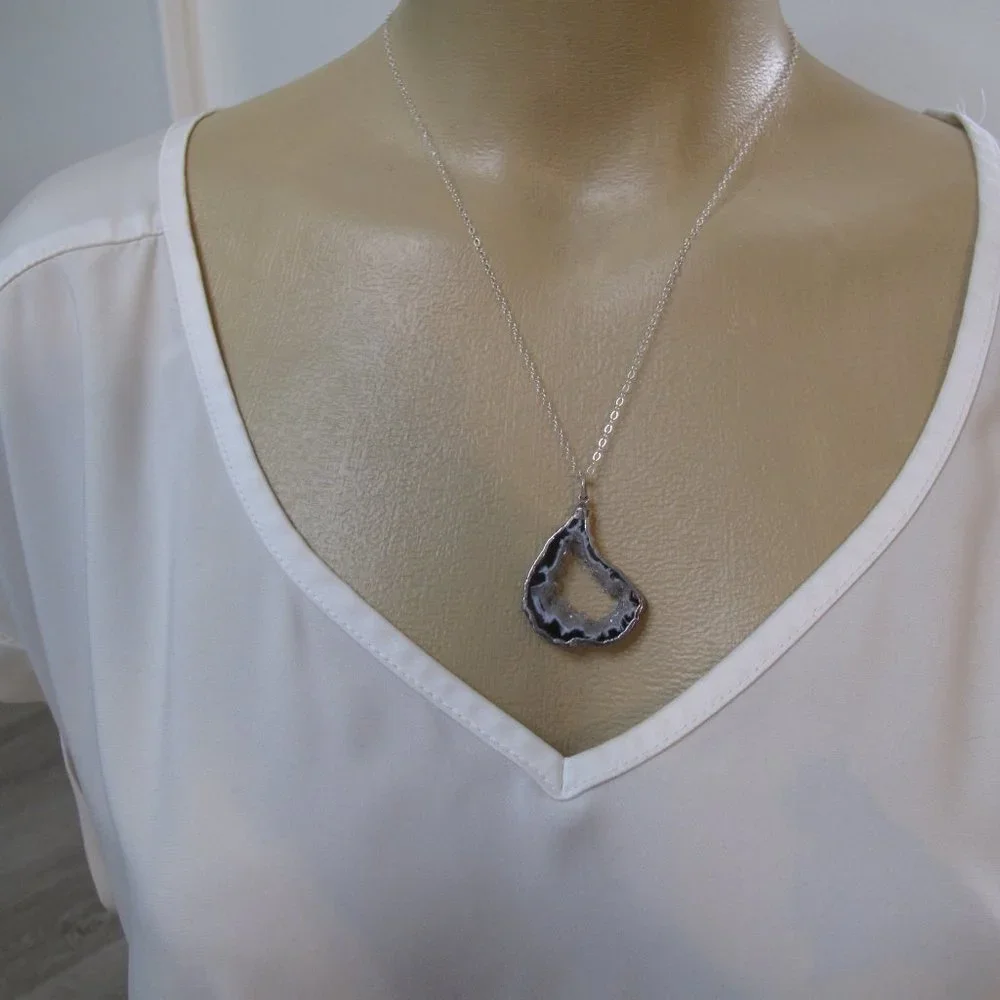 STERLING SILVER Black Agate Druzy Slice Pendant